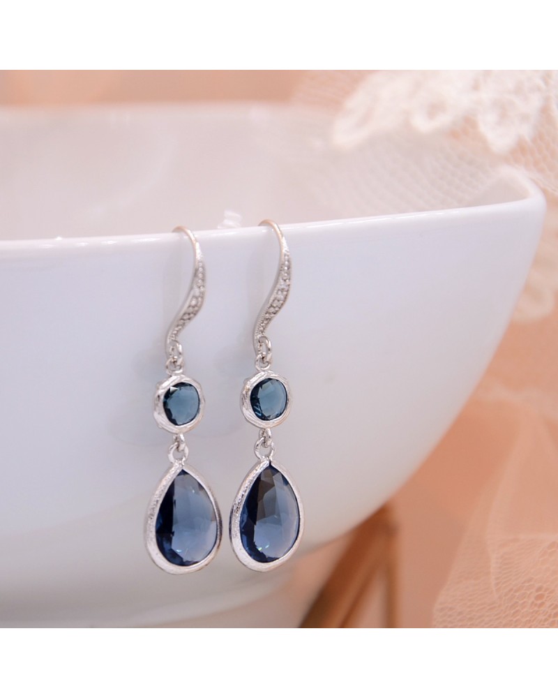 strass cristal bleu bijoux fantaisie Boucles d'oreilles argentés pendante 